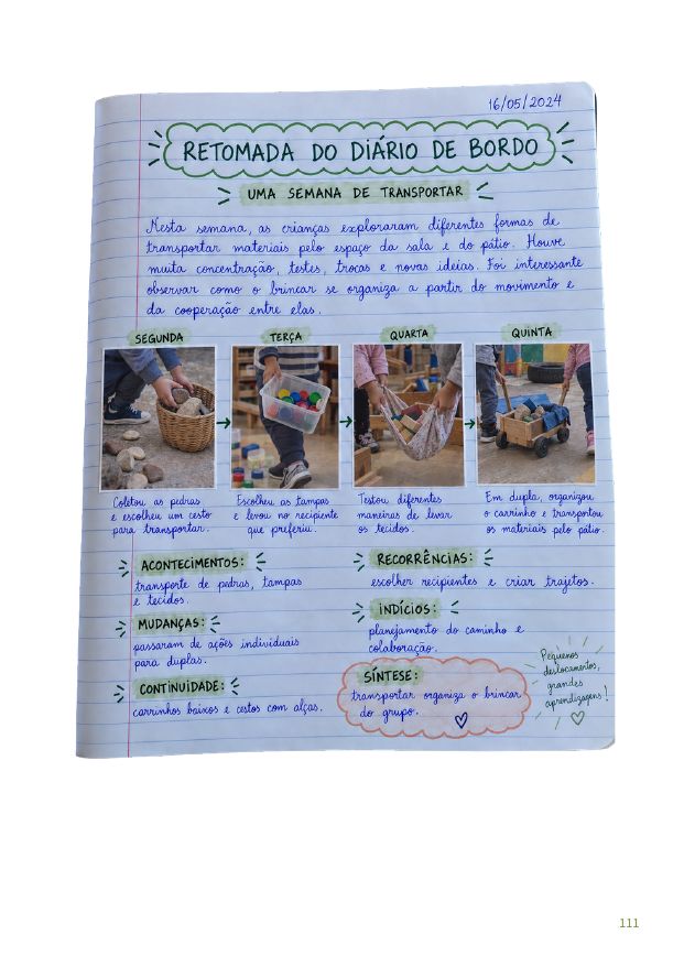 Página manuscrita de pauta de observação com fotos de construções