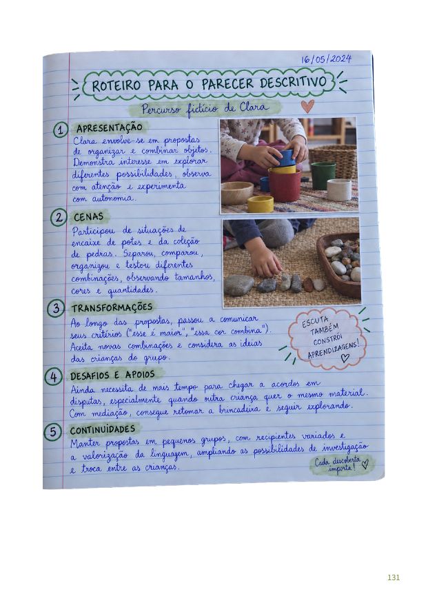 Página manuscrita com roteiro para o parecer descritivo